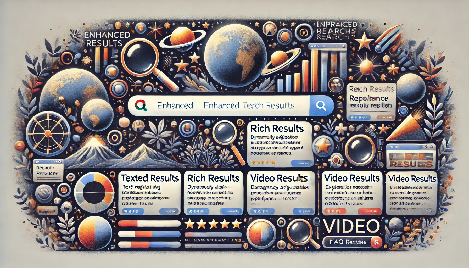 Illustration of an enhanced search results page showcasing various search elements such as text results, rich results, image results, video results, and exploration features